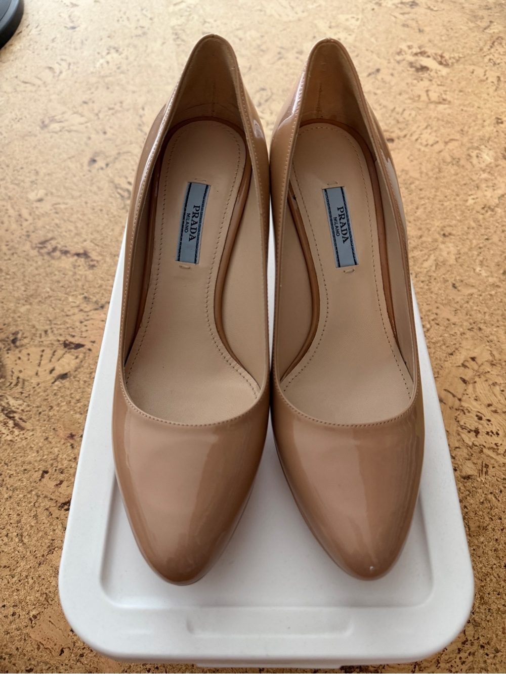 Prada Nude Patent Leather Pointed-Toe Pumps